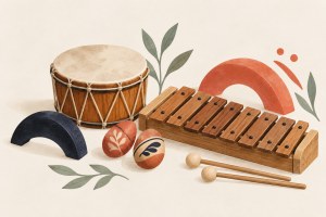 Временна илюстрация на барабан, шейкъри и ксилофон.