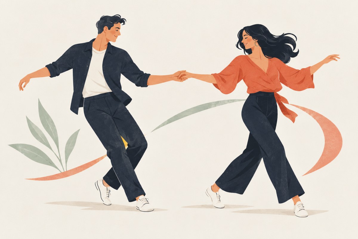 West Coast Swing Временна тематична илюстрация: двойка в суинг танц; не е портрет на инструкторите.
